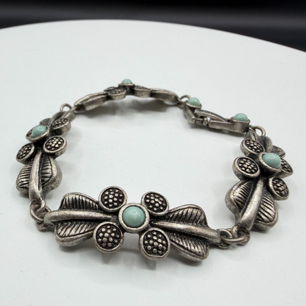Silver Tone Floral Link Bracelet Aqua Cabochon Boho Cottagecore Statement Gift